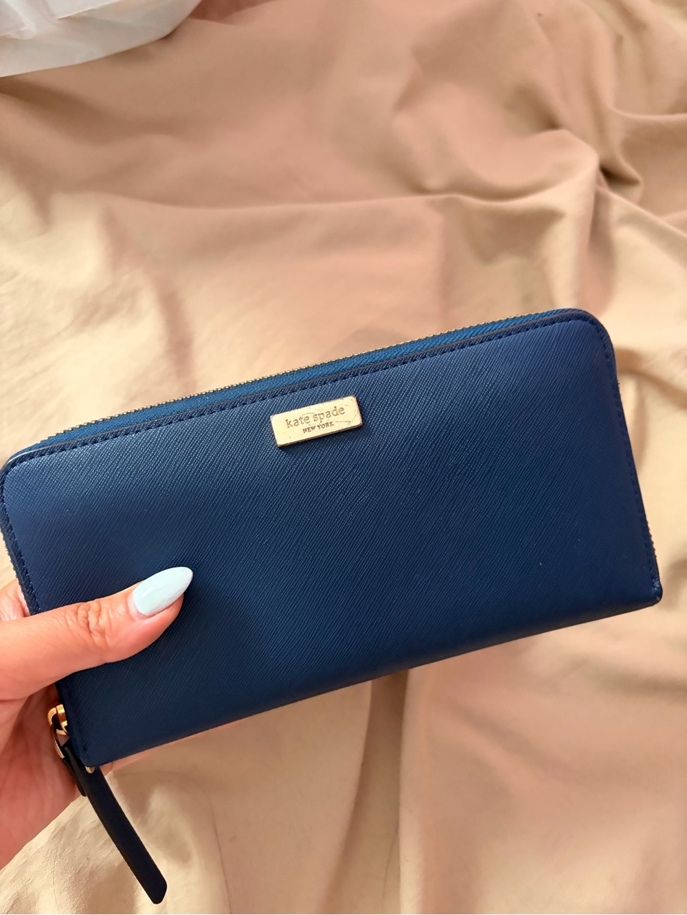 kate spade blue zip-around Saffiano Wallet with Gold Plaque